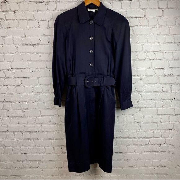 Vintage 80s Talbots 100% Rayon Long Sleeve Belted Shirt Dress Navy 6 - Picture 11 of 12